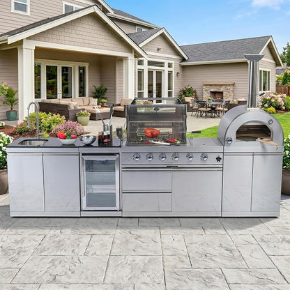 125 Inch Outdoor Kitchen Island, 108000 BTU Double Stainless Steel Propane Gas BBQ, Silver, with Pizza Oven, Wine Cooler, Refrigerator, Rotisserie, Granite Countertops & Storage Cabinets