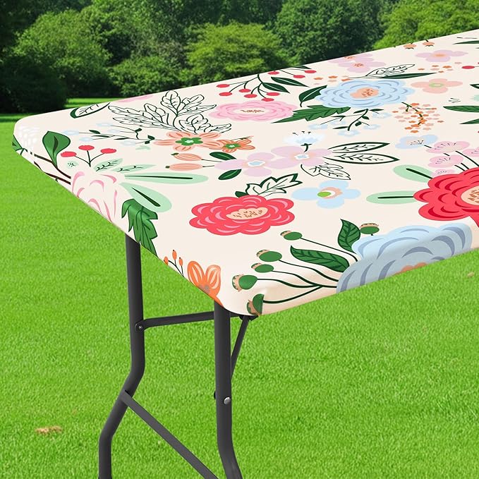 Smiry Spandex Fitted Tablecloth for 6 Foot Rectangle Tables, Washable Picnic Table Cover with Elastic, Stretch Reusable Table Cloth for Outdoor, Camping, Dining & Kitchen (Beige Flower, 30"x72")