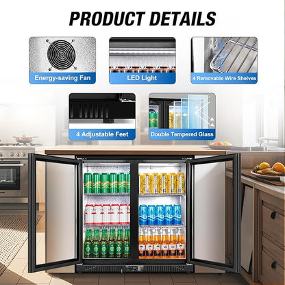 Beverage Refrigerator Under Counter, Back Bar Cooler with 2 Glass Door, Commercial Display Fridge 35.42 Inch Wide 7.4 Cu.Ft, Drink Fridge for Beer Soda Wine, Beverage Cooler for Kitchen Shop Bar