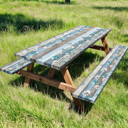 Floral Picnic Table Cover with Bench Covers, Camping Essentials, Wooden Flower Butterfly Waterproof Windproof, Fitted Tablecloth Cover with Elastic Edge, for Indoor, Outdoor, 3 PCS, 30x60 Inch