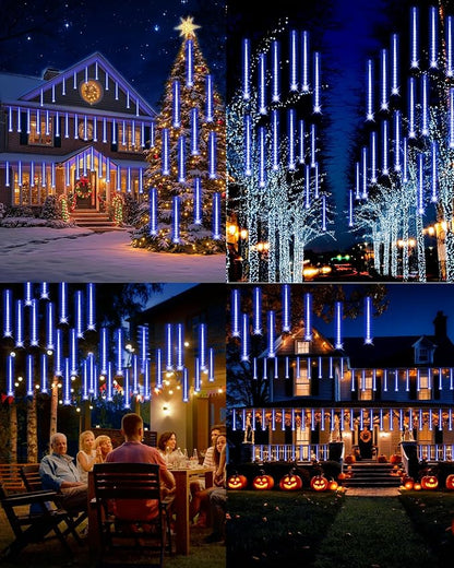 PEMOTech Christmas Lights Outdoor,24 Tubes 30cm 576 Led Meteor Shower Lights, Waterproof Christmas Decorations Icicle Light for Xmas Tree Halloween Party, Outdoor Christmas Decorations,Ul Plug,Blue