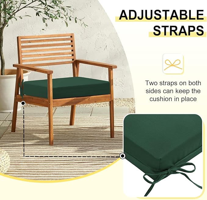 downluxe Outdoor Chair Cushions Set of 4 for Patio Furniture, Water-Resistant Square Corner Patio Chair Cushions with Ties, High Density Foam Outdoor Seat Cushion, 18.5" X 16" X 3", Forest Green