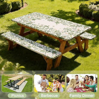 Picnic Table Cover with Bench Covers Windproof Waterproof Picnic Table Covers Camping Tablecloth with Self-Storage Bag, 72in, Botanical Green