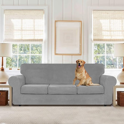 WEERRW 4-Piece Couch Cover for Sofa Velvet Sofa Cover Washable, Silver Grey | Sofa Covers for 3 Cushion Couch Furniture Protector Sofa Slipcovers with Non Slip Elastic Bottom, Pet Friendly, Large