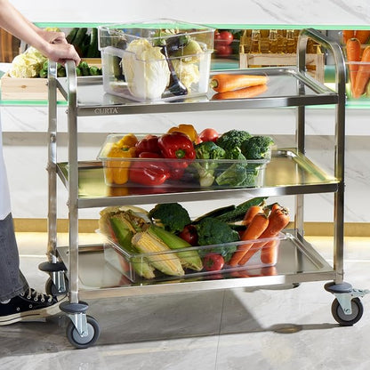 Stainless Steel Serving Trolley, 34" L x 18" W x 36" H 3 Tiered Shelf Kitchen Utility Cart, Rolling Casters Brake Wheel, Commercial Pro for Restaurant/Hotel/Lab/Clinic/Salon/Workshop