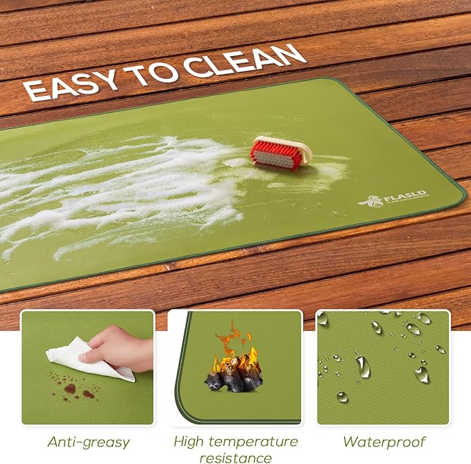 FLASLD Under Grill Mat 32 x 60 inches, Grill and Stove Protective Mat, Protects Decks and Patios from Grease Splashes, Silicone Fiberglass Flame Retardant Material, Spinach Green