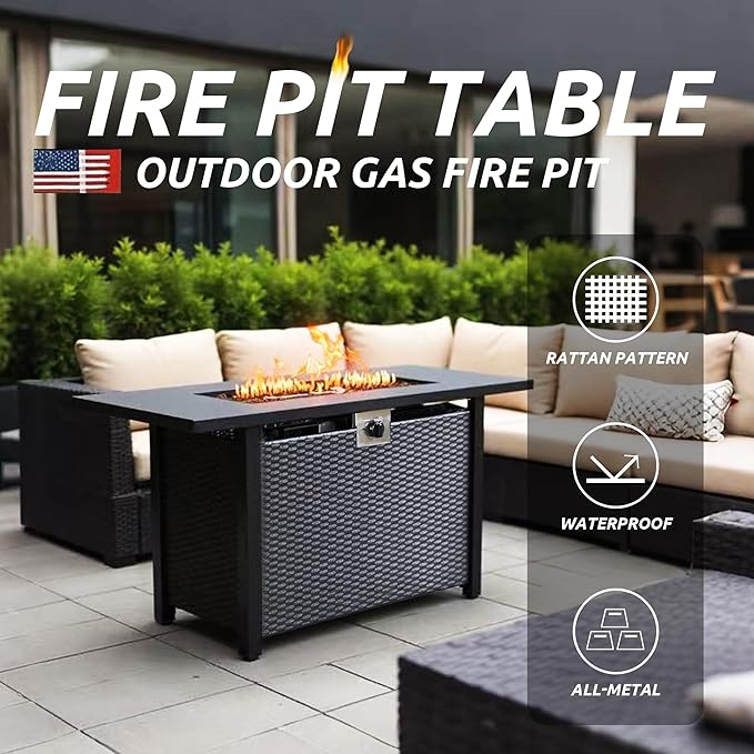 Propane Fire Pit Table – Rectangle 43 Inch Outdoor Firepit for Patio, Balcony, and Garden – Versatile Gas Fire Pit with Lava Rock & Table Lid
