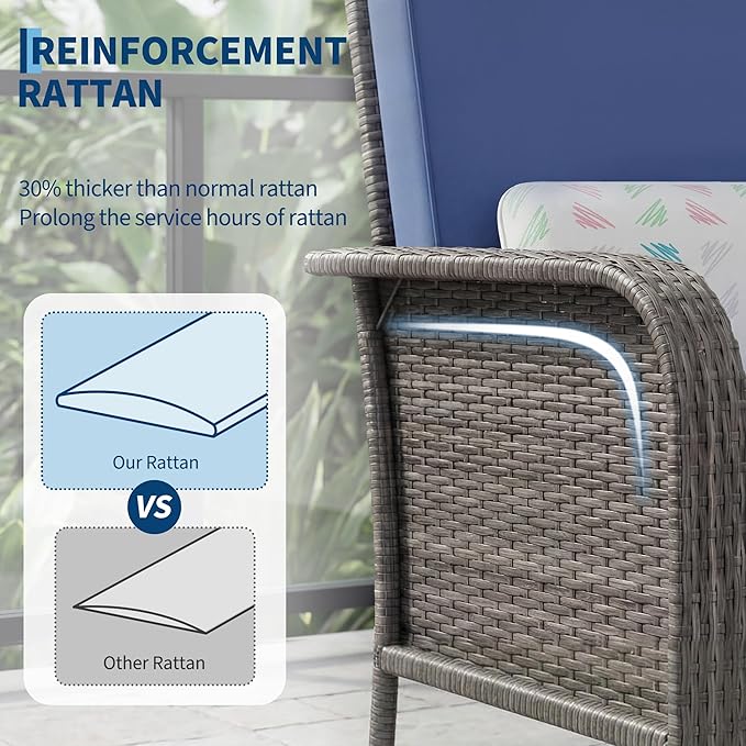 GarveeLife Set of 2 Wicker Patio Chairs, Gray Gradient Rattan with Blue Seat Cushion, Heavy Duty, for Backyard or Poolside