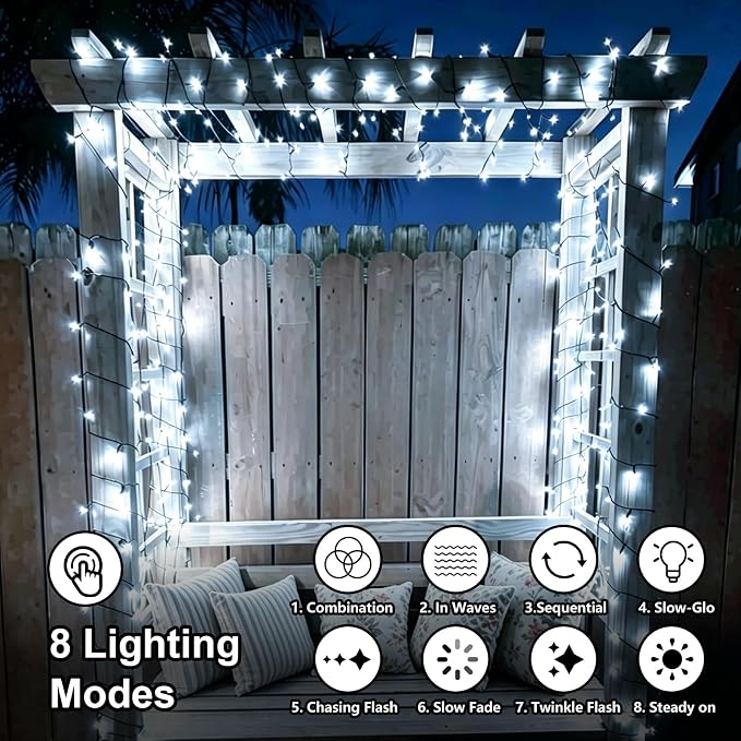 QITONG 2 Pack White Solar String Lights, Each 33ft 100 LED Outdoor Solar Fairy Lights Waterproof, 8 Modes Green Wire Solar Christams Light for Garden Patio Yard Tree Party Decor