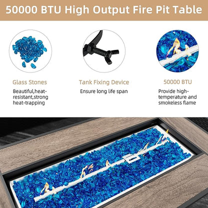 45 Inch Propane Fire Pit Table, 50,000 BTU Outdoor Gas Fire Pit for Patio & Backyard, 2-in-1 Firepit Dining Table with Glass Wind Guard, Blue Glass Rocks & Waterproof Cover, Walnut