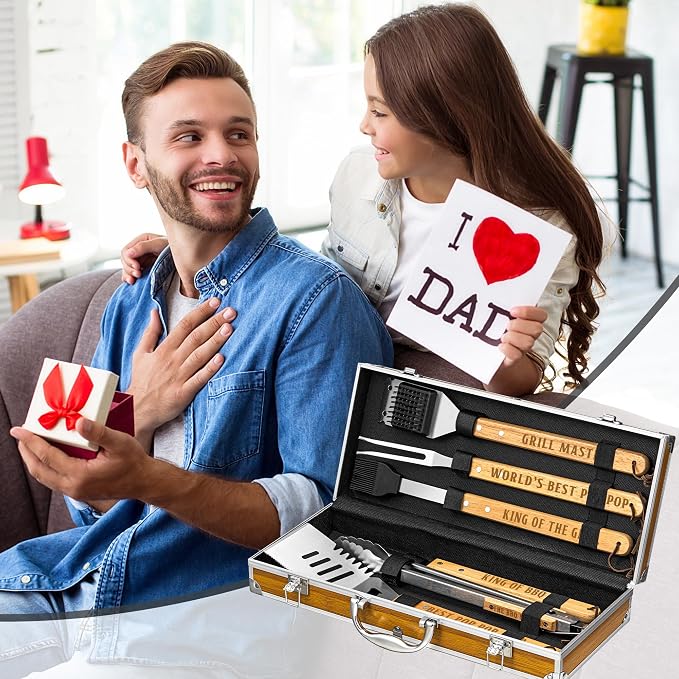 Poppop Gifts from Grandkids Fathers Day, Pop Pop Grilling Gift Heavy Duty Wooden BBQ Grilling Accessories Kit, Thick Stainless Steel Grill Utensils with Non-Slip Handle Tools in Portable Bag