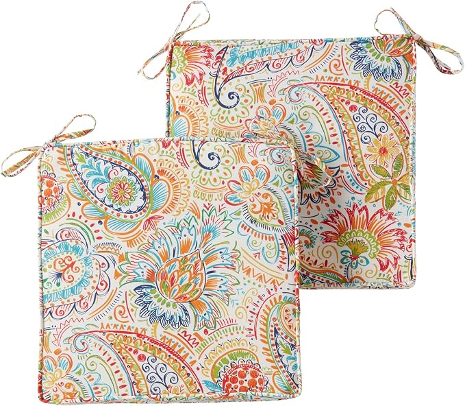 Outdoor 18 inch Square Patio Dining Chair Pads – Comfortable Fiber-Filled Seat Cushions with Ties, Reversible Polyester Fabric - Jamboree Paisley, Set of 2