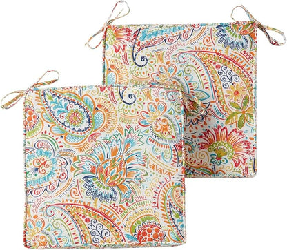 Outdoor 18 inch Square Patio Dining Chair Pads – Comfortable Fiber-Filled Seat Cushions with Ties, Reversible Polyester Fabric - Jamboree Paisley, Set of 2