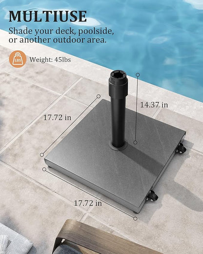 45lbs Patio Umbrella Base with Wheels - Heavy Duty Outdoor Patio Market Umbrella Stand for Deck with Rollers, Poolside, Balcony, Wind-Resistant Design, Grey