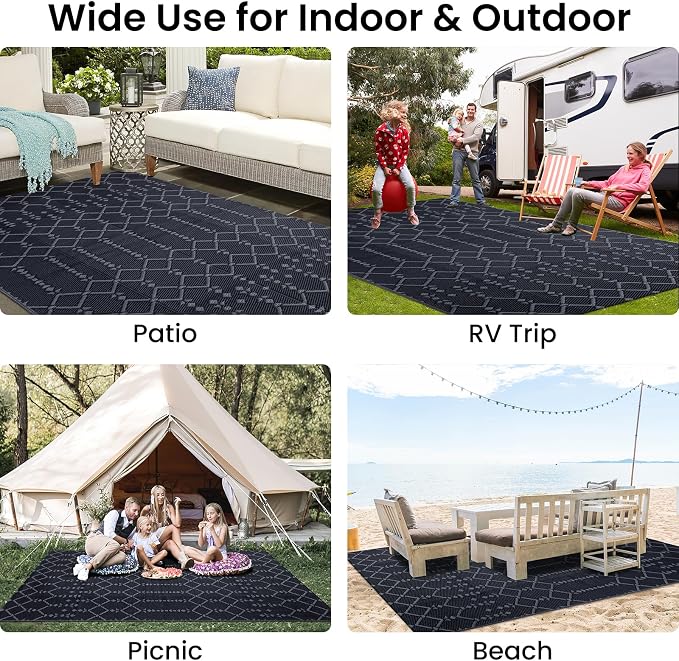 Smiry Outdoor Rug 5x8 ft Waterproof Reversible Boho Mat, Dark Grey | Polypropylene Plastic Straw, Quick Drying, Lightweight Foldable, for Patio, Deck, RV Camping, Backyard and Indoor Outdoor Use