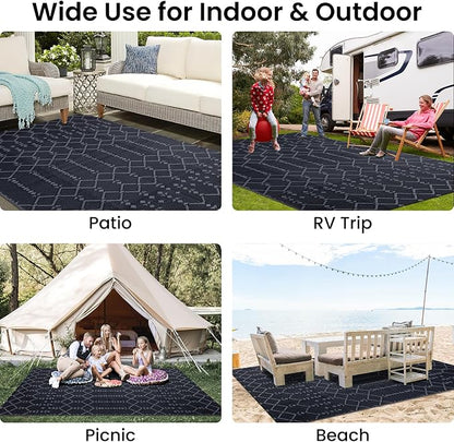 Smiry Outdoor Rug 5x8 ft Waterproof Reversible Boho Mat, Dark Grey | Polypropylene Plastic Straw, Quick Drying, Lightweight Foldable, for Patio, Deck, RV Camping, Backyard and Indoor Outdoor Use