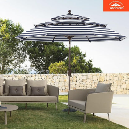 ABCCANOPY 9FT 3-Tier OLEFIN® Patio Umbrella with Stripe, 5-Year No Fading | Heavy Duty Fade-Resistance Outdoor Umbrella, 8 Sturdy Ribs, Tilt, Crank for Deck, Backyard, Garden, Yard, Pool, Navy Stripe