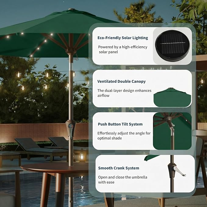 10FT Solar Umbrella 32 LED Lighted Patio Umbrella Table Market Umbrella w/Tilt and Crank, UV-Resistant Outdoor Umbrella for Pool, Garden, Deck, Forest Green