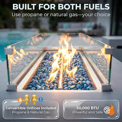 NICESOUL 42" Outdoor Propane Fire Pit Table, 50,000 BTU Rectangle Natural Gas Firepit with Tank Table, No Assembly Low Profile Fire Table for Outside Patio & Backyard, CSA Certified, Grayish White