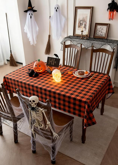 Classic Orange Gingham Buffalo Tablecloth Fabric - Oblong 58x144 Inch Water Proof Checkered Table Cloth for Indoor Outdoor - Farmhouse Table Cover for Halloween Party, Picnics, and Parties
