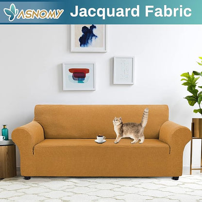Asnomy Stretch Couch Covers for Sofa Washable, 3 Cushion Couch,Golden | 1-Piece Sofa Covers(78"-94") 3-Seater Furniture Protector Soft Jacquard,Non-Slip Elastic Bottom For Dogs & Kids