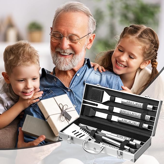 Grandpa Gifts, Fathers Day Grandpa Gifts from Grandkids Heavy Duty Grilling Accessories Kit for Backyard BBQ, Thick Stainless Steel Grill Utensils with Non-Slip Handle Tool on Birthday, Christmas