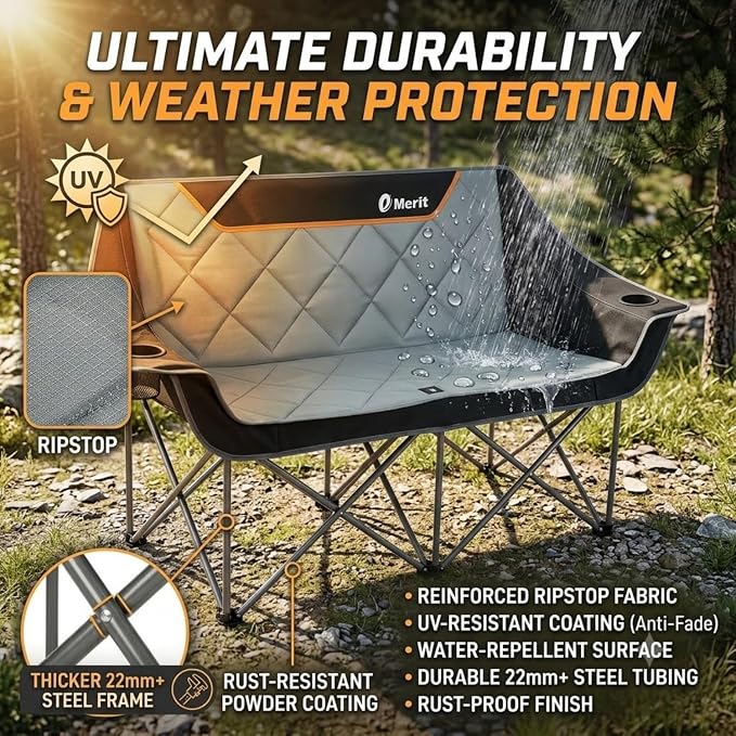 EMERIT Oversized Fully Padded Camping Chair, Heavy Duty 650LB Folding Camping Loveseat, Quad Fold Double Camping Couch with Cup Holders & Carry Bag for Outdoor, Lawn, Sports Events Black