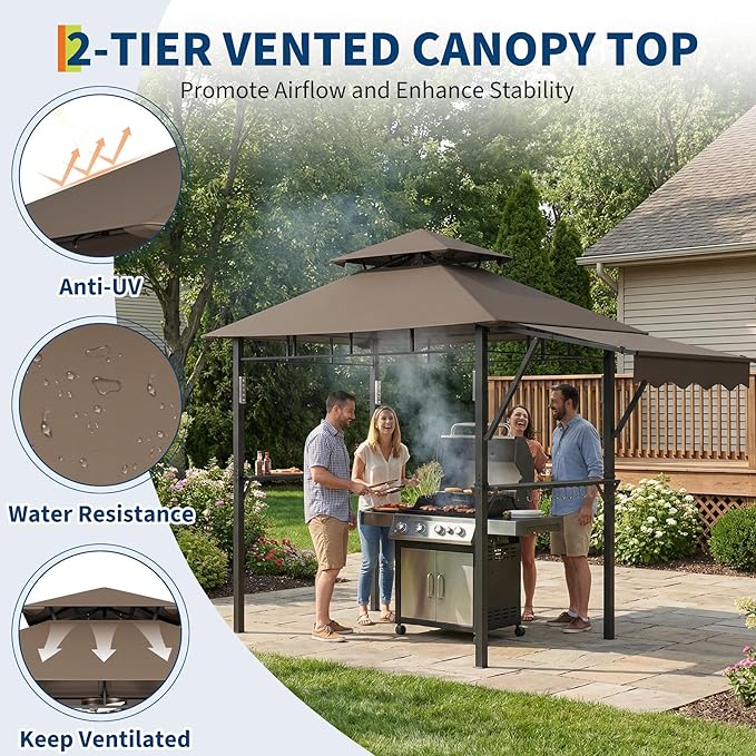 8x5 ft Grill Gazebo, Double Tired Outdoor Patio Canopy Tent with Side Awning Shelves,4 LED Lights,10 Hooks & Bottle Opener,Heavy Duty Steel Frame Grilling Canopy for Patio Backyard Garden Picnic,Brown