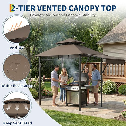 8x5 ft Grill Gazebo, Double Tired Outdoor Patio Canopy Tent with Side Awning Shelves,4 LED Lights,10 Hooks & Bottle Opener,Heavy Duty Steel Frame Grilling Canopy for Patio Backyard Garden Picnic,Brown