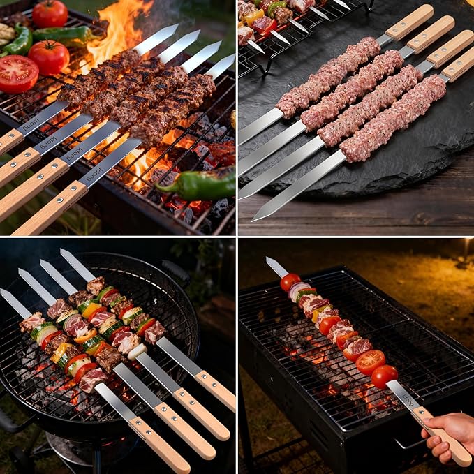 Idong 10 PCS Kabob Skewers 23.6" Flat Stainless Steel BBQ Skewers for Grilling Meat with Wood Handle and Tip Guards, Heavy Duty Reusable for Koobideh Persian Brazilian Shish Kebab (Natural wood)