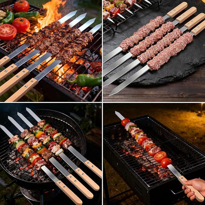Idong 10 PCS Kabob Skewers 23.6" Flat Stainless Steel BBQ Skewers for Grilling Meat with Wood Handle and Tip Guards, Heavy Duty Reusable for Koobideh Persian Brazilian Shish Kebab (Natural wood)