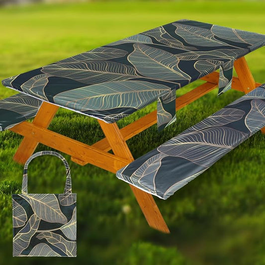 Wrakus Picnic Table Cover with Bench Covers Vinyl Elastic Edges Fitted Rectangle Seat Tables Waterproof 3-Piece72X30in Set Outdoor Rectangular Folding Backing Tablecloth for Camping Over Size