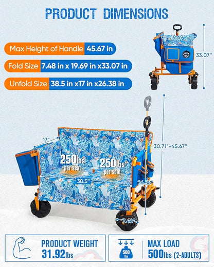 500lbs Love-Seat Wagon 3-in-1 Bench Wagon Seat for 2 Adults | Heavy Duty Utility Cart, 31L Detachable Cooler Bag, Adjustable Handle &Cup Holders,Perfect for The Beach, Sport, Camping