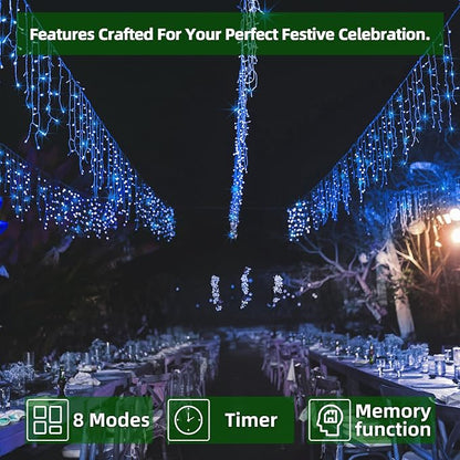 1296 LED 131FT Christmas Icicle Lights, 288 Drops, Twinkle Lights, 8 Modes | Blue icicle string lights with timer and weather-resistant construction for rooflines, wide eaves, storefronts and events.