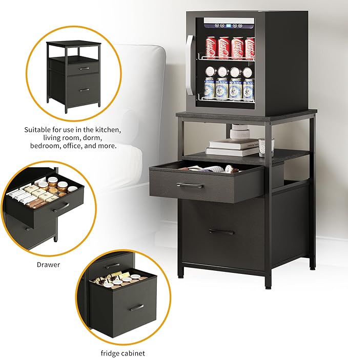Herture Mini Fridge Stand with 3 Storage, Mini Fridge Cabinet, Beverage Fridge Table, Heavy Duty 18.11" L* 18.11" W Tabletop, for Dorm, Apartment,Office, Bedroom Black HB03BXB