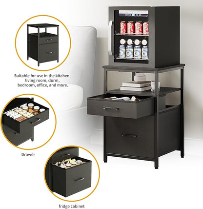 Herture Mini Fridge Stand with 3 Storage, Mini Fridge Cabinet, Beverage Fridge Table, Heavy Duty 18.11" L* 18.11" W Tabletop, for Dorm, Apartment,Office, Bedroom Black HB03BXB