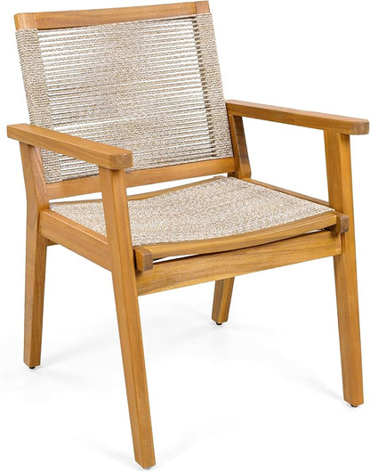 Christopher Knight Home Kita Acacia Wood Patio Dining Chairs Set of 2, Wooden Outdoor Dining Chair Set, Outdoor Kitchen Side Chair with Woven Rope, Teak+Dark Beige