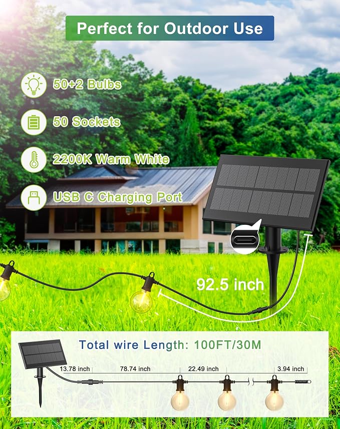 Zuske Solar String Lights Outdoor Waterproof 100FT with USB Port and 52 Shatterproof G40 Bulbs(2 Spare), LED Solar Powered Patio Lights for Outside, Porch, Backyard, Gazebo, Garden(Warm White)