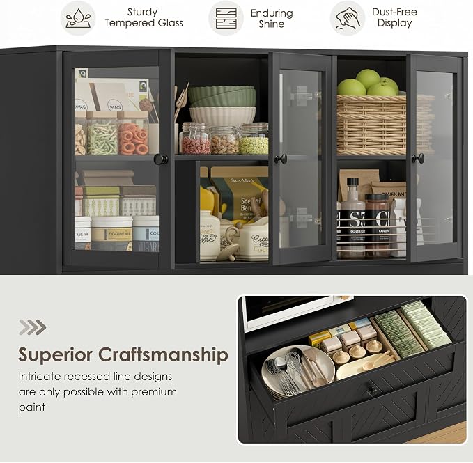 BOTLOG 72” Tall Kitchen Pantry Storage Cabinet, Modern White Kitchen Hutch with Large Storage Drawer, Countertop, Adjustable Shelves, Food Pantry Cabinets for Dining Room, Living Room (Black) | Kitchen Hutch with Large Storage Drawer, Countertop, Adjus...