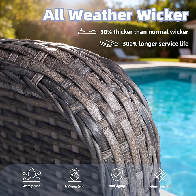 4 Piece Outdoor Wicker Patio Furniture Set, Patio Chairs Set with Thickened Cushions, High Back and Deep Seating, Hand-Woven Rattan, Ottoman for Porch, Deck, Peacock Blue
