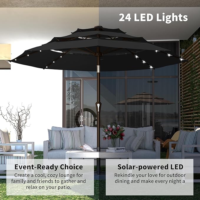 Kingdura 10ft 3-Tier Patio Umbrella with Solar Lights, Table Umbrella Outdoor Patio with Easy Crank & Tilt, 8 Sturdy Ribs, UV Protection, 32 LED Lights for Deck, Poolside, Market (Black)