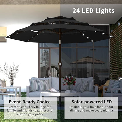 Kingdura 10ft 3-Tier Patio Umbrella with Solar Lights, Table Umbrella Outdoor Patio with Easy Crank & Tilt, 8 Sturdy Ribs, UV Protection, 32 LED Lights for Deck, Poolside, Market (Black)