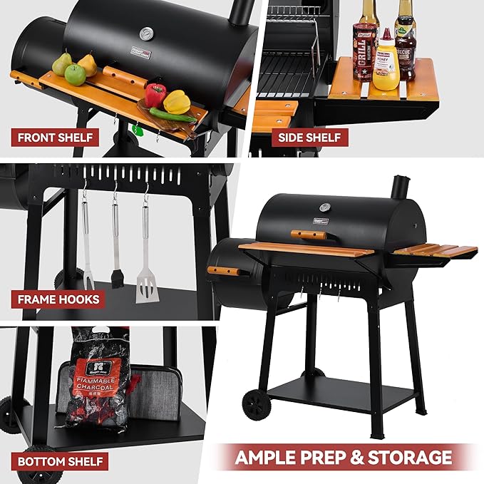 Barrel Charcoal Grill with Offset Smoker, 824 Sq. In. Cooking Area, Wooden Front Shelf, Bottom Shelf, Blow-Molded Wheels, Outdoor Charcoal Grill for Backyard Cooking, Black,CC1831W