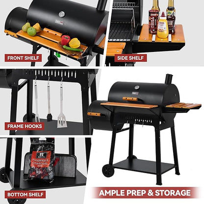 Barrel Charcoal Grill with Offset Smoker, 824 Sq. In. Cooking Area, Wooden Front Shelf, Bottom Shelf, Blow-Molded Wheels, Outdoor Charcoal Grill for Backyard Cooking, Black,CC1831W