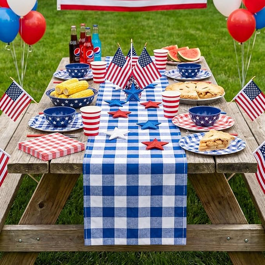 Blue Plaid Table Runner Independence Day Buffalo Checkered Centerpiece Fabric 13x108 Inch 4 Packs Table Cloths Party Picnic Decorative Gingham Rectangle Blue and White Checkered Linen Decorations