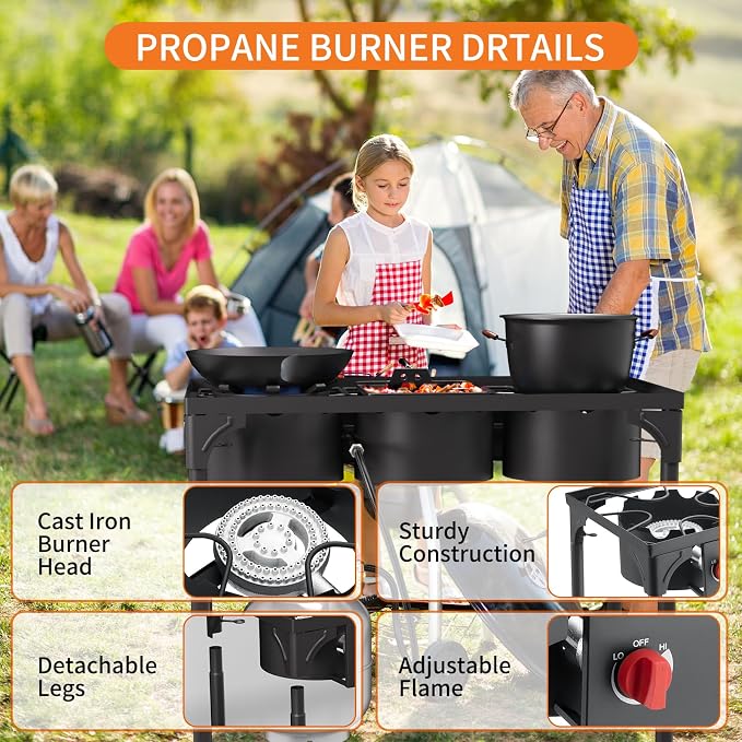 High Pressure Propane Burner, 3 Burner Camping Stove with Detachable Legs, 225,000 BTU Propane Gas Stove Burner with 0-20 PSI Regulator for Camping, Tailgating, Backyard, Outdoor Cooking