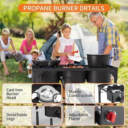 High Pressure Propane Burner, 3 Burner Camping Stove with Detachable Legs, 225,000 BTU Propane Gas Stove Burner with 0-20 PSI Regulator for Camping, Tailgating, Backyard, Outdoor Cooking