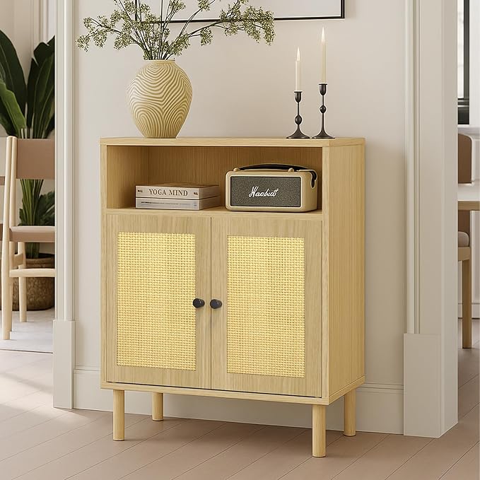 Boho Accent Cabinet with Rattan Doors, Small Sideboard Buffet, Oak | Small Sideboard Buffet Cabinet for Entryway, Living Room, Kitchen Coffee Bar