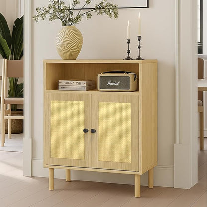 Boho Accent Cabinet with Rattan Doors, Small Sideboard Buffet, Oak | Small Sideboard Buffet Cabinet for Entryway, Living Room, Kitchen Coffee Bar