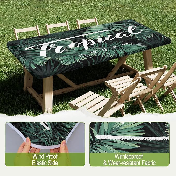 Irisbell Picnic Table Cover with Elastic Edge,6FT Wind Proof Wrinkleproof Fitted Tablecloth Cover Camping Beach Patio Rectangle Table Cloth for Indoor Outdoor (Tropical Leaves, 30'' x 72'')